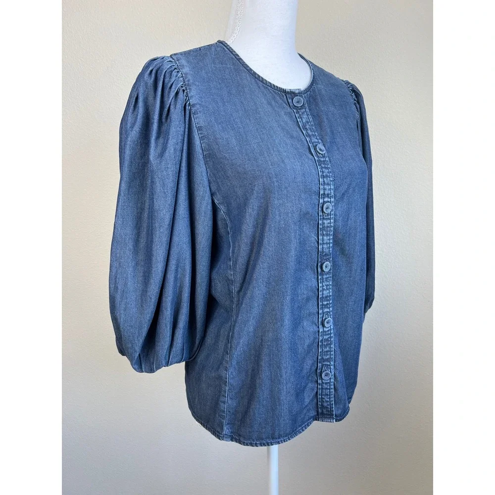 Madewell Puff Sleeve Lyocell Chambray Top Romantic Academia French Blue Sz 6